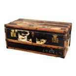 An antique steamer trunk by Ernest Hofmann of Austria, the wood and leather bound trunk with
