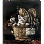 After Louis Eugène Lambert (French, 1825-1900), Kittens in a Basket . oil on porcelain, signed,