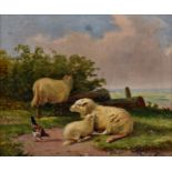 Cornelis van Leemputten (Belgium, 1841-1902), Sheep and a cockerel in a landscape . oil on