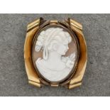 A 9ct yellow gold cameo brooch/pendant, featuring the profile of a lady with elaborate hairstyle and