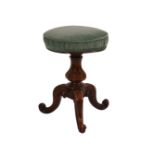 An early Victorian carved rosewood adjustable piano stool, the revolving, circular stuff over seat