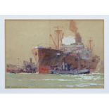 Neville Sotheby Pitcher (British, 1889-1959), "Ships waiting for Convoy" . watercolour and