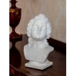 A Victorian marble bust of a young girl, her face inclined to the right, with shoulder length curls,