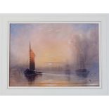 English School (mid-19th century), Shipping off the shore at dusk . watercolour with scratching out,