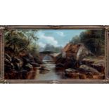 William Mellor (British, 1851-1931), River scene with water mill and stone bridge . oil on canvas,