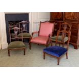 A Victorian five piece rosewood and marquetry parlour suite, comprising an open armchair, two side