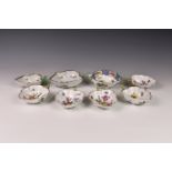 A set of six Dresden porcelain leaf dishes, with gilt rims and decorated with floral sprays and