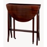 An Edwardian mahogany small Sutherland table, the oval dropflap top opening on gatelegs, raised on