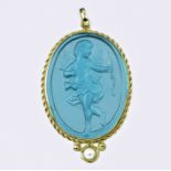 An 18ct yellow gold, blue glass and seed pearl pendant, cast with the form of Cupid, with rope