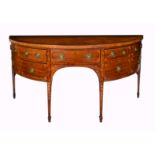 A George III mahogany and marquetry demi lune sideboard, with broad cross banded top and meander