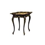 A Victorian lacquered tray top occasional table, the four lobed removable tray top on a conforming