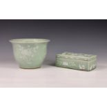 A modern Chinese celadon and white slip porcelain pen box, of rectangular form, floral decorated,