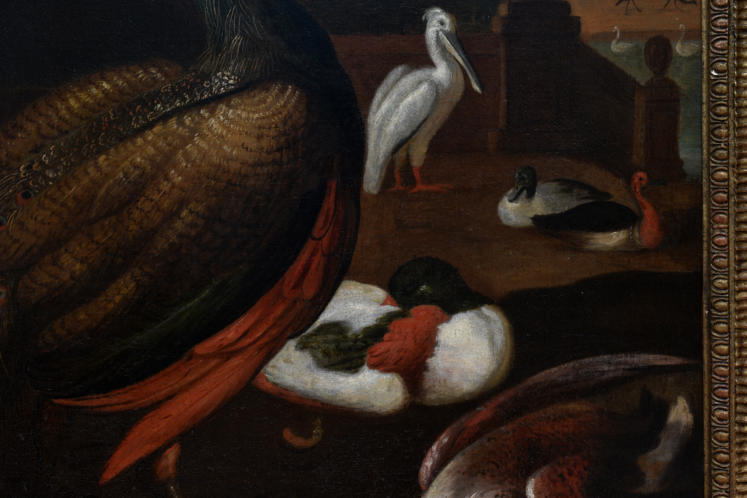 Follower of Melchior de Hondecoeter (Dutch, 1636-1695), A peacock, a monkey and other birds on a - Image 8 of 13