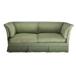 A Howard style sofa, late 20th century, in green damask upholstery, with beech wood frame and