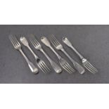 A set of six George III silver fiddle pattern dinner forks, William Eley, William Fearn & William