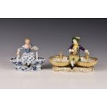 A Meissen porcelain double salt, c.1900, in the form of a girl seated upon conjoined baskets, on