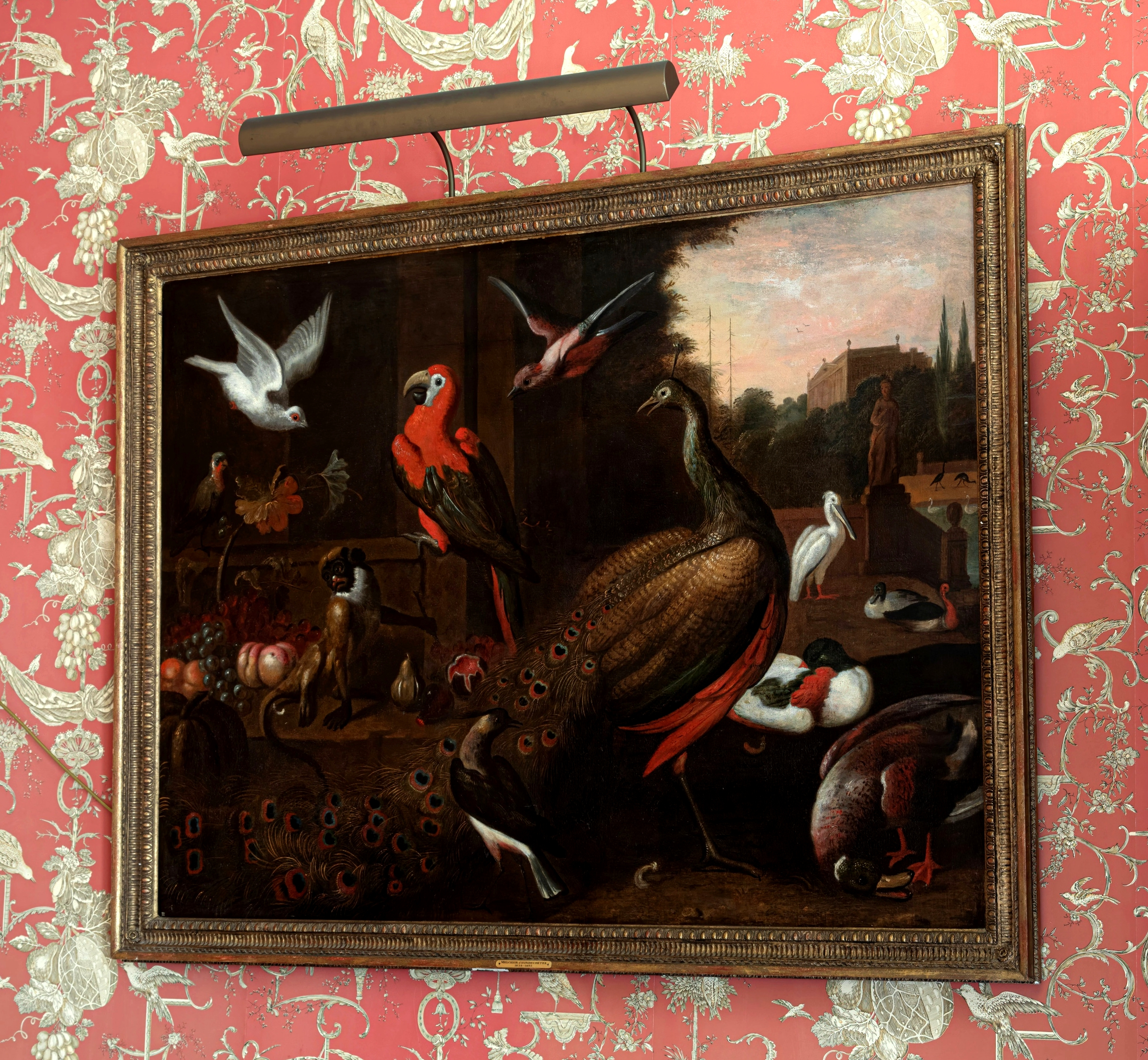 Follower of Melchior de Hondecoeter (Dutch, 1636-1695), A peacock, a monkey and other birds on a