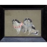 A Japanese silkwork picture of two shih tzu dogs, Meiji period (1868-1912), worked in coloured silks