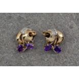 14ct yellow gold, amethyst and diamond ear clips, in a botanical design, each earring featuring 2