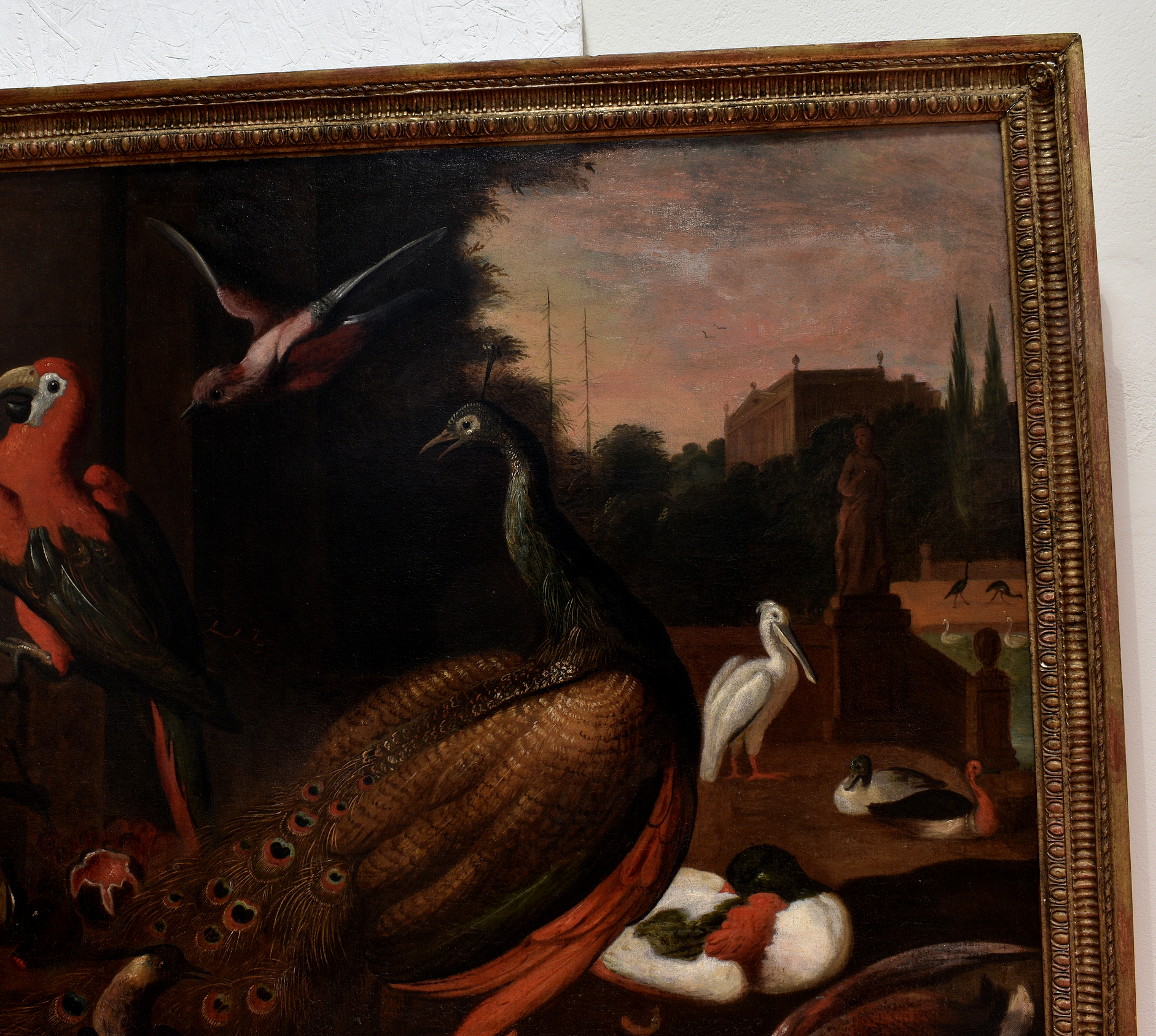 Follower of Melchior de Hondecoeter (Dutch, 1636-1695), A peacock, a monkey and other birds on a - Image 2 of 13