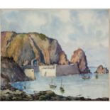 W. J. Pettit (British, 20th century), Creux Harbour, Sark . watercolour, attributed verso and