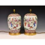 A pair of antique Chinese porcelain famille rose vases, converted to lamps, late 18th / early 19th
