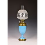 A Victorian polished brass and blue ceramic oil lamp by Hinks & Son, the blue ovoid form body