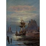 J. Colinson (British, 19th century), 'Fishing boats at low tide, Mont Orgueil, Jersey' . oil on