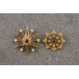 A pair of 9ct gold, amethyst and seed pearl brooches, one of starburst design with alternating