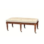 A George III style burr walnut large stool, late 20th century, the caned top with a loose grey