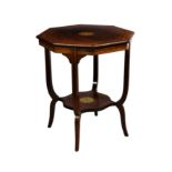 An Edwardian octagonal rosewood and marquetry centre table, the top and shaped undertier centred