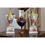 A pair of early 20th century Dresden miniature covered vases, painted with courting couples on a
