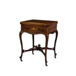 An Edwardian walnut and marquetry envelope card table, the top inlaid with a torch & quiver, swags