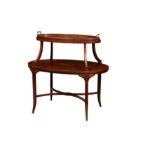 A good quality Victorian mahogany, satinwood banded and marquetry two tier etagere, attributed to