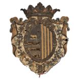 Two 18th century French stumpwork armorial / coat of arms panels, worked in metal thread and
