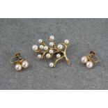 A 9ct yellow gold and cultured pearl brooch in branch form; together with a pair of 9ct yellow