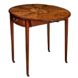 A fine George III Sheraton radially veneered inlaid mahogany oval Pembroke table, the tulip wood