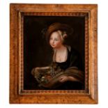Monogramist CV (Continental, mid-19th century), Girl with fruit . oil on copper, signed with