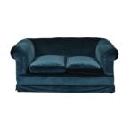 A Victorian two seater sofa, with low back and scroll arms, later upholstered in blue velvet, on