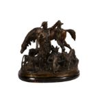 A bronze figure group of a victorious Scottish huntsman, late 20th century, with fox and hunting