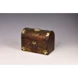 A Victorian gilt brass, ivory and walnut stationary box, the domed cover and front with studded