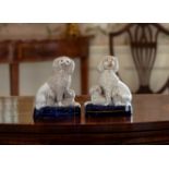 A closely matched pair of Staffordshire poodles with puppies, mid-19th century, raised on cobalt