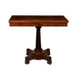 A good quality George IV rosewood rectangular foldover card table, the top with finely figured