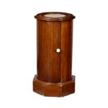 A Victorian mahogany and marble cylindrical pot cupboard, the dished, turned top centred by inset