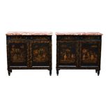 A pair of George III and later japanned side cabinets, the moulded, mottled red marble tops over two