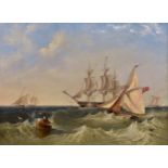 John Wilson Carmichael (English, 1800-1868), Naval cutters offshore, with a frigate coming to