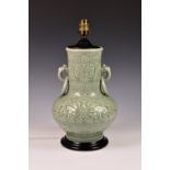 A Chinese style celadon glazed porcelain vase lamp, 20th century, of baluster form with long neck