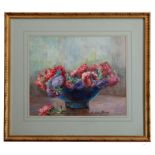 Lucienne Bisson (French, 1880-1939), Dahlias in a blue bowl . watercolour, signed lower right .