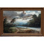 English School, late 19th century, River Landscape with Fishermen . oil on board, signed
