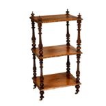 A Victorian walnut, marquetry and parquetry three tier whatnot, the three rectangular shelves on